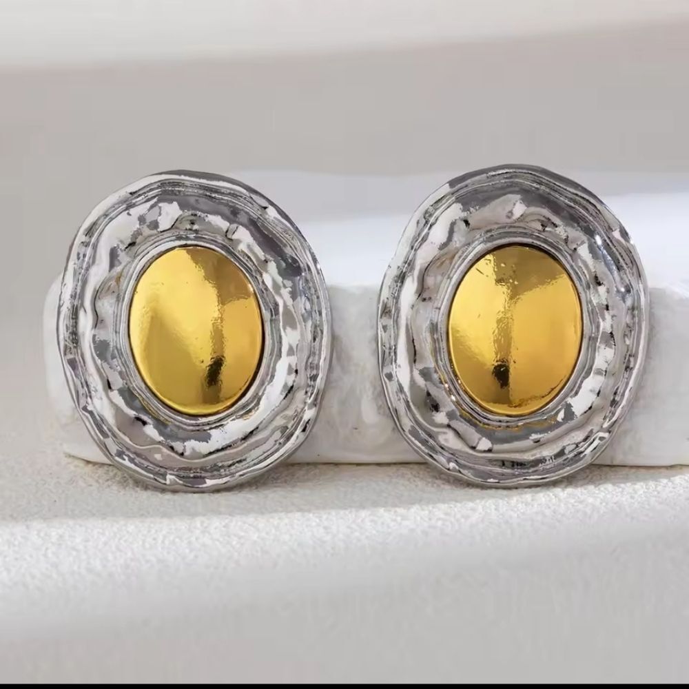  12th Tribe Two-toned Oval Earrings Statement Dual Tone Silver Gold | NWOT